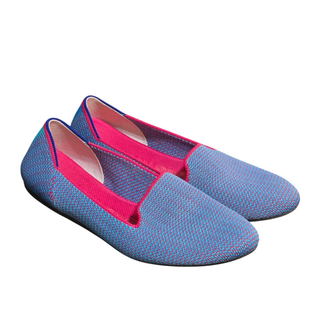 Rothys Womens Loafer Flats US 7.5 Blue Pink Herringbone Comfort Preppy round toe